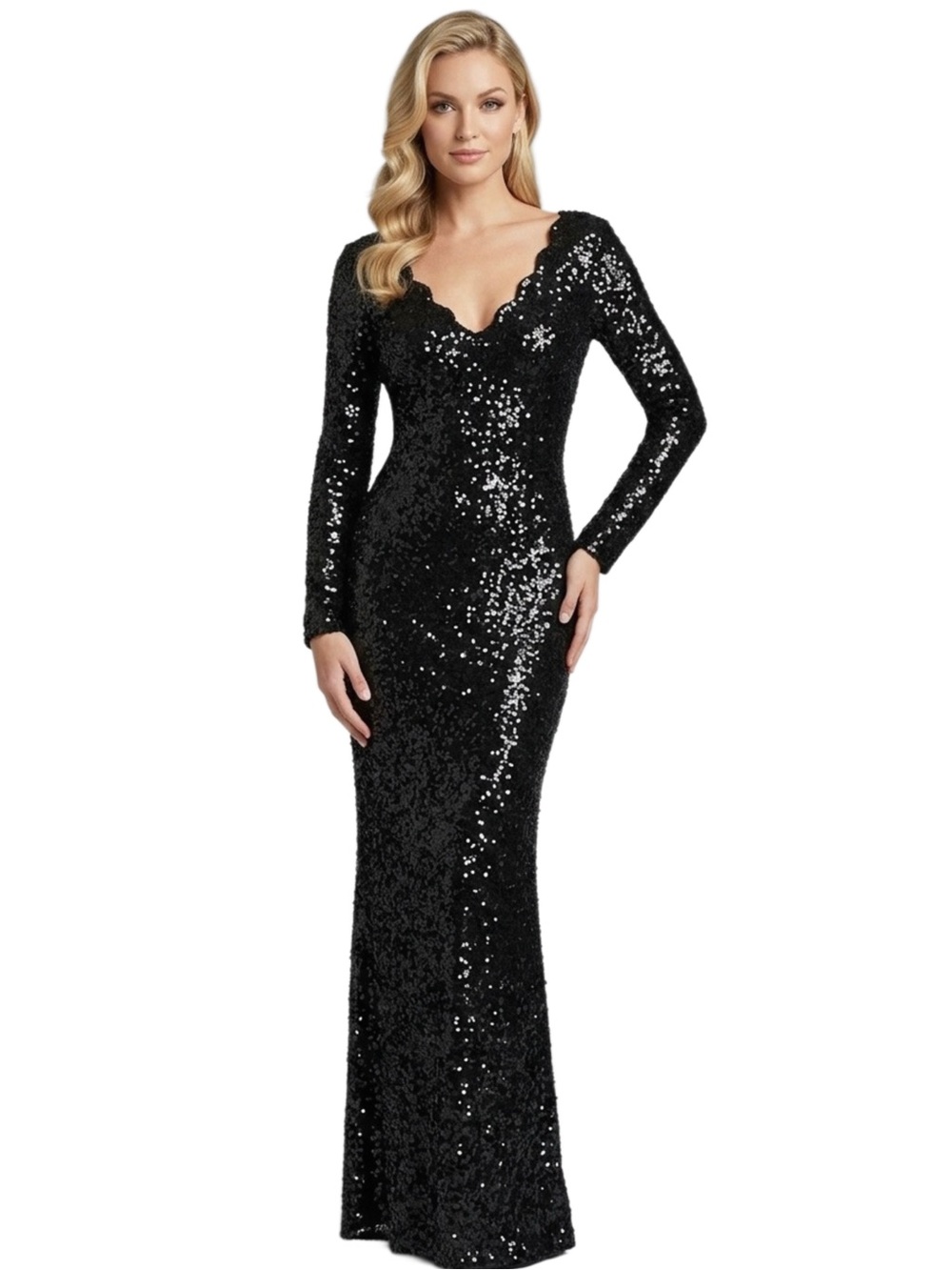 Vintage SCALA Black Sequins Silk Evening
Gown Long Sleeve Sz- S